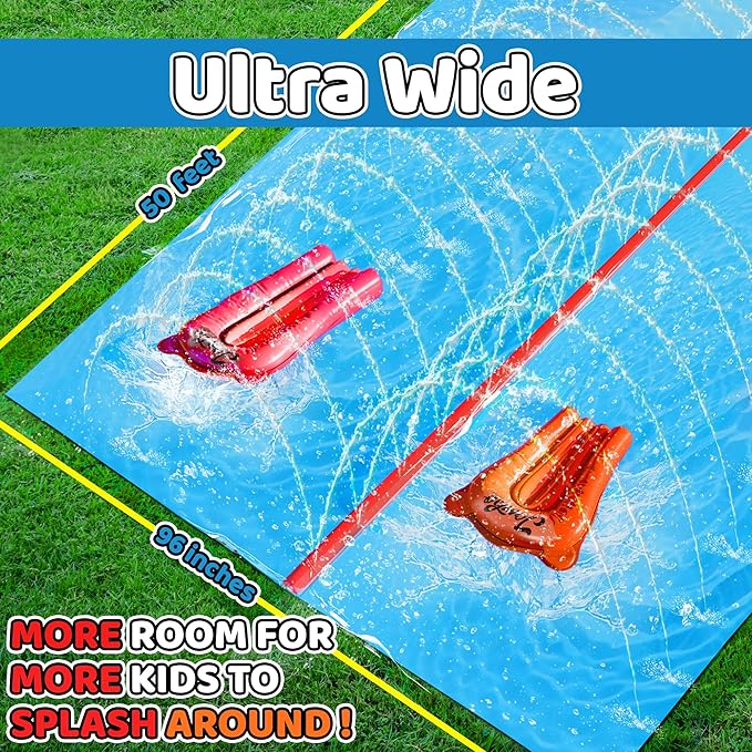 JAMBO 50Ft MEGA XXL Water Slide and 2 Bodyboards, Heavy Duty Slip and Splash with Inflatable Crash Pad, Long Summer Water Toy Sprinkler, Backyard Outdoor Fun n Toys for Kids