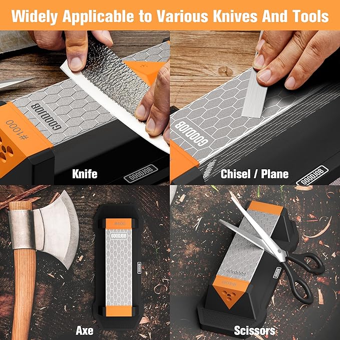 Goodjob Diamond Sharpening Stone 3 Side Grit 400/1000/8000 Premium Industrial Diamond & Ceramic Whetstone Knife Sharpener Suitable for Steel of any Hardness with Angle Guide and Non-Slip Base (GB-3D)