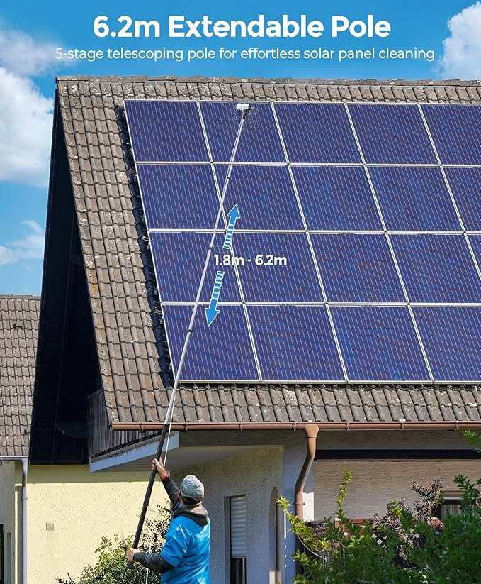 LyriFine Electric Solar Panel Cleaning Brush and Pole Kit, 20Ft Extendable Washing Kit with Water Fed Pole, 2 Speed & Soap Dispenser, Outdoor Window Cleaning Tool for Solar Panel, Window, Roof, RV