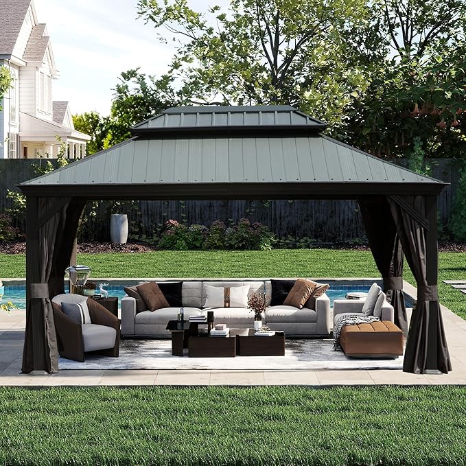 Outdoor Hardtop Gazebo for Patio 12x16FT with Resin-Galvanized Steel Roof, Metal Hard Top Gazebo with Gutters, Heavy Duty Gazebos All Season with Curtains & Netting, for Deck, Backyard, Hot Tub
