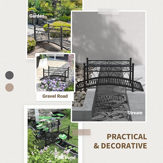Outsunny 3.3' Metal Arch Zen Garden Bridge with Safety Siderails, Decorative Footbridge, Delicate Scrollwork & Corner Spheres for Stream, Fish Pond, Black