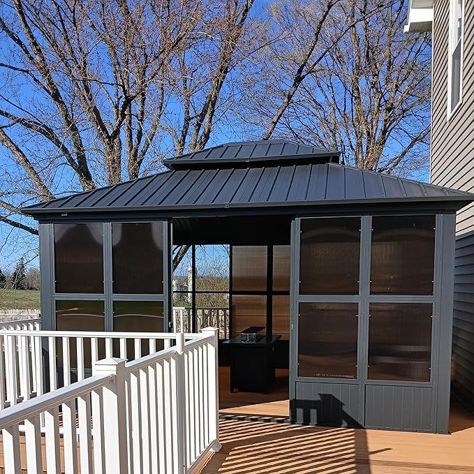 PURPLE LEAF 12' X 14' Solarium Sunroom Permanent Hardtop Gazebo Galvanized Steel Double Roof Aluminum Outdoor Screen House for Lawn Deck Backyard Grey