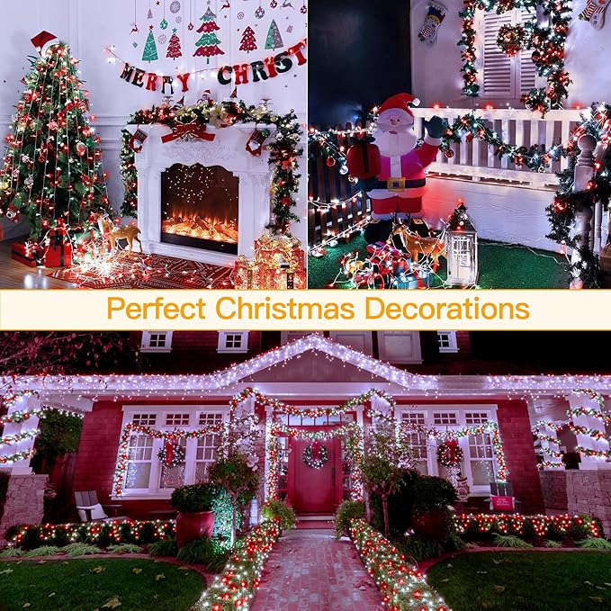 Ollny Red and White Christmas Lights Waterproof, 400LED 131FT String Lights with Remote 3 Timer, Plug in 8 Modes Fairy Light for Xmas Tree Indoor Bedroom House Party Wedding Decorations