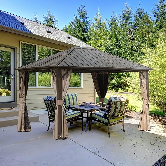 Domi 10'x12' Hardtop Gazebo Canopy,Outdoor Metal Gazebo with Galvanized Steel Roof,Curtain and Netting,Permanent Gazebos Pavilion for Patio Deck,Backyard