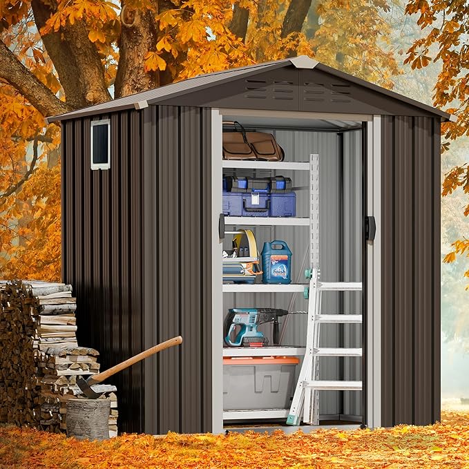 JY QAQA 6x4 FT Outdoor Garden Storage Shed, Waterproof Metal Garden Sheds with Lockable Double Door, Weather Resistant Steel Tool Storage House Shed for Patio, Lawn Gray