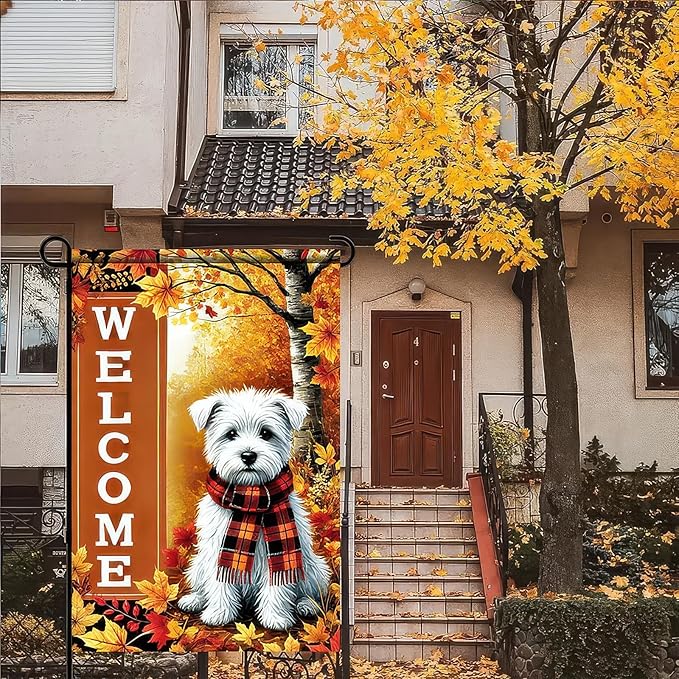 Thanksgiving Fall Garden Flag 12x18 Inch Welcome West Highland White Terrier Dog Outdoor Flag Double Sided Autumn Yard Banner with Plaid Scarf and Leaves Decor for Porch Lawn Patio