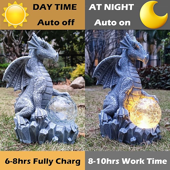 Solar Dragon Garden Statues Outdoor Decor, Resin Dragon Figurine with Solar Crackle Globe LED Lights Lawn Patio Balcony Art Decoration,Housewarming Gifts and Yard Ornament