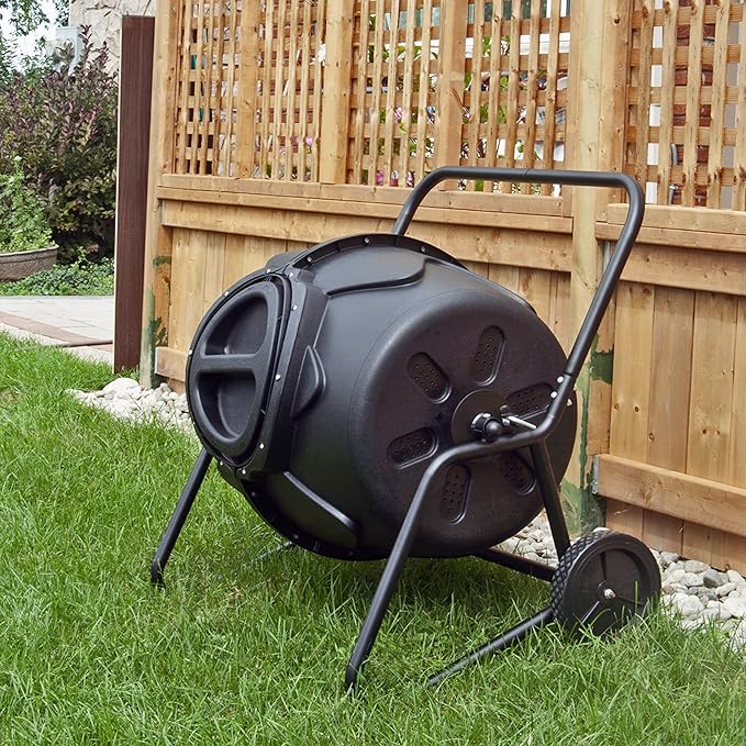 Koolscapes Wheeled Tumbling Composter – 50-Gallon Portable Eco-Friendly Rotating Bin BPA-Free Recycled Plastic with Sturdy Steel Frame & Twist-Lock Lid for Year-Round Composting