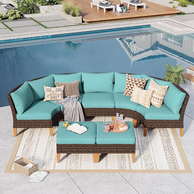 GREEN PARTY 7 Pieces Wicker Patio Furniture Set, All-Weather Outdoor Rattan Half-Moon Patio Curved Sectional Sofa Conversation Set for Garden, Backyard, 2 x Ottomans (Blue)