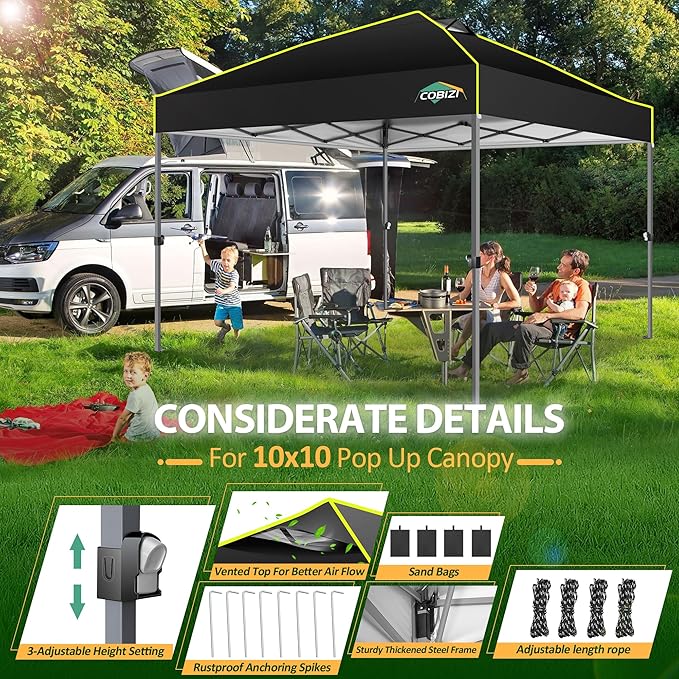 COBIZI Canopy 10x10 Pop Up Canopy Tent 1-Button Push Easy up Outdoor Canopy Instant Portable Commercial Shelter Waterproof UPF50+ Gazebo with Reflective Strip, Air Vent & 4 Sandbags,Black
