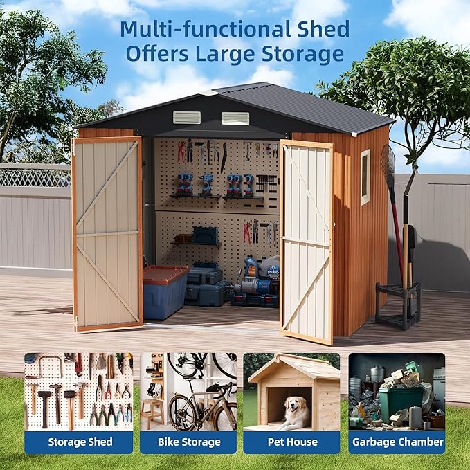 6x8FT Outdoor Storage Shed, Metal Garden Shed with Floor Base, Updated Frame Structure & Lockable Doors, Large Tool Shed for Backyard, Patio,Lawn,Utility & Bike Storage