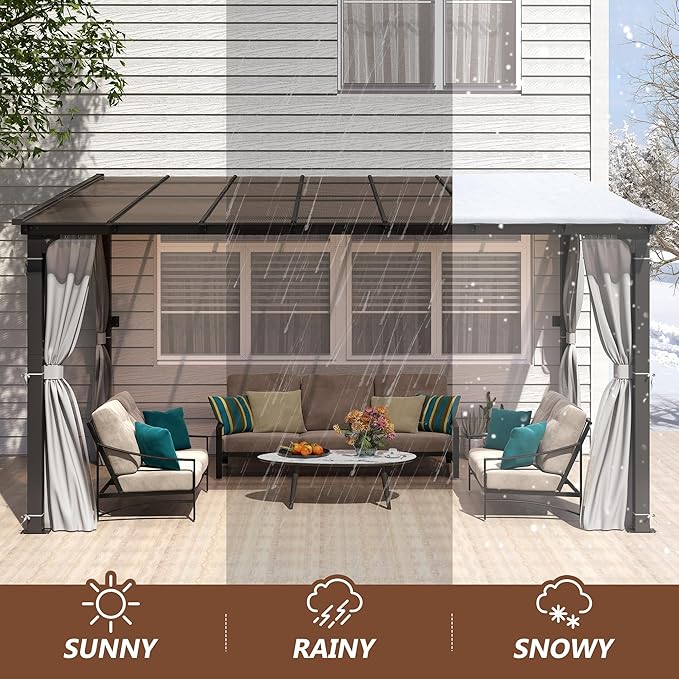 10 x13FT Outdoor Wall-Mounted Hardtop Gazebo, Aluminum Frame Lean to Gazebo with Polycarbonate Roof and Curtains for Patio, Garden, Deck