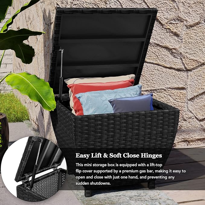 Outdoor Wicker Storage Box with Cover, 13 Gallon PE Rattan Deck Box for Outside with Waterproof Liner, Patio Storage Chest with Hinged Lid for Cushions, Pillows, Towels, Horizontal Bin, Black