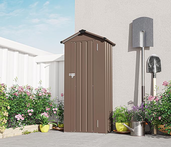 KEIKI Outdoor Storage Shed 2.5' x 1.4', Metal Tool Cabinet with Sloping Roof & Lockable Door, Small Top Tall Shed for Backyard, Garden, Patio, Lawn, Brown