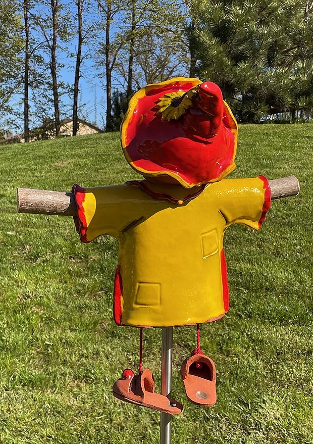 Ceramic Garden Decor - Scarecrow Lawn stake, yellow - Outdoor statue - Perfect, unique gifts for gardeners woman, men, yard gifts - Handmade, Frostproof
