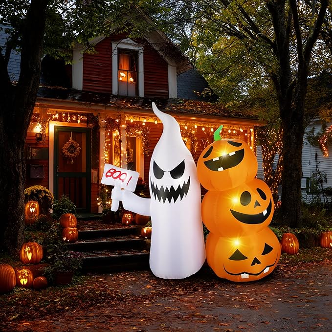 6Ft Halloween Inflatable Ghost Hammer Pumpkin Outdoor Decor with Build-in LEDs Blow Up Inflatable for Party Indoor Outdoor Garden Lawn Yard