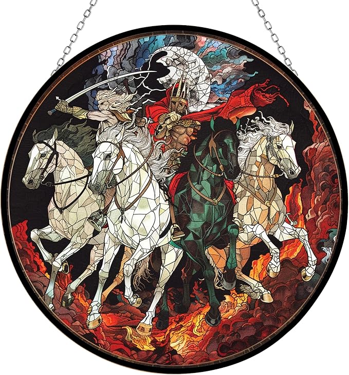 Four Horsemen of The Apocalypse Suncatchers for Windows,6.3” Stained Glass Window Hangings,Hand-Painted Glass Panel Perfect for Home Décor