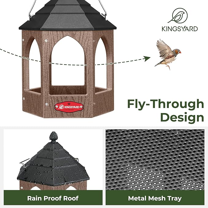 Kingsyard Platform Bird Feeder for Outdoor Hanging - Gazebo Style Recycled Plastic Wild Bird Feeding Station with Rain-Proof Roof & Metal Mesh Tray. Brown