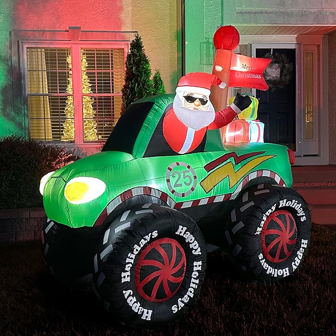 Fraser Hill Farm 6-Ft. Tall Santa in Monster Truck Blow Up Inflatable with Lights, Outdoor Christmas Inflatable Decoration for Lawn and Yard, Giant Festive Holiday Decor