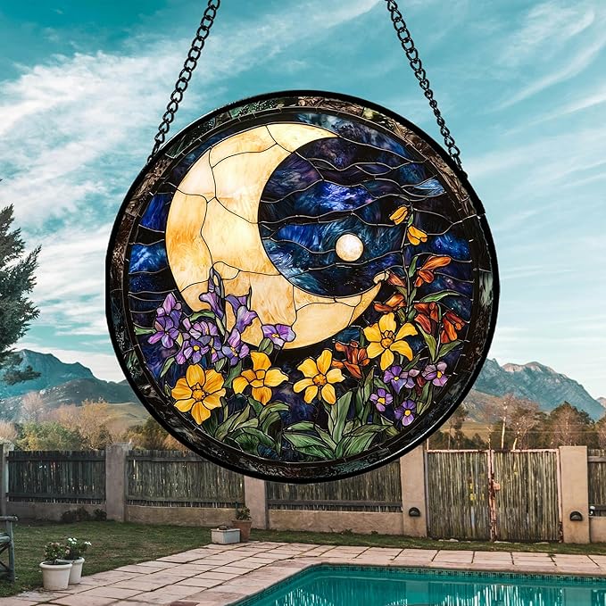 Stained Glass Window Hanging - Blue Night Sky Moon Suncatcher for Door Terrace Garden Home Decor Wildflowers Sun Catcher Birthday Gifts for Lovers Women Men Dad Mom Nana 7.8 in