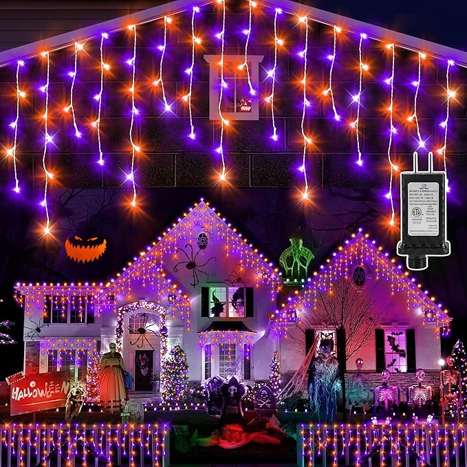 KNONEW Orange Purple Halloween Lights 33FT 400 LED String Lights Outdoor with 75 Drops, 8 Lighting Modes, Timer Memory Function Connectable Hanging Curtain Lights for Halloween Party Decor