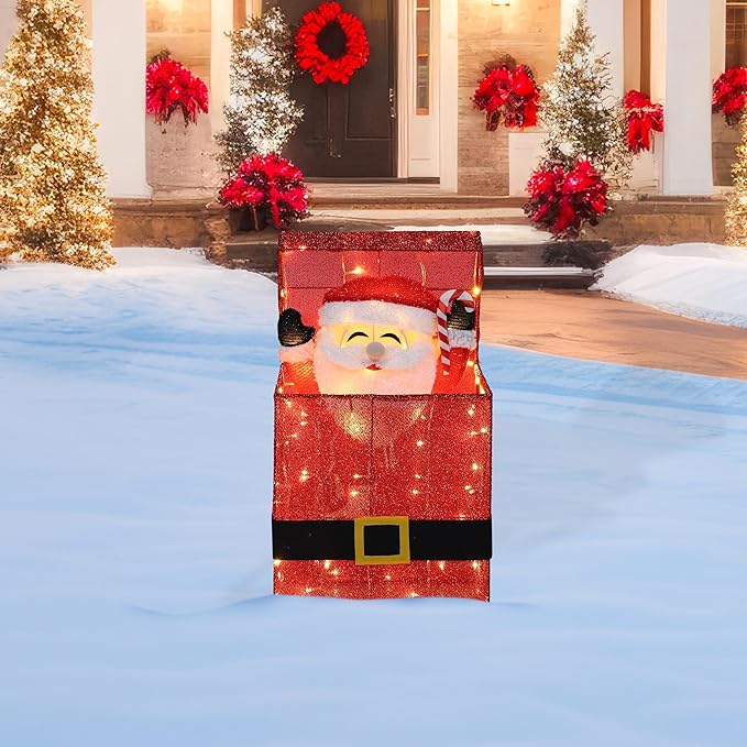 VEIKOU Lighted Christmas Santa Claus Decoration in Gift Box, Electric Santa Claus Christmas Yard Decoration with 100 Warm White LED Lights, 3D Xmas Holiday Ornament for Outdoor and Indoor