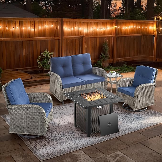 5 Piece Patio Furniture Set with Fire Pit Table - Wicker Patio Conversation Set with Swivel Glider, Glider Loveseat, Tempered Glass Side Table for Deck Backyard - Grey Wicker Blue Cushion