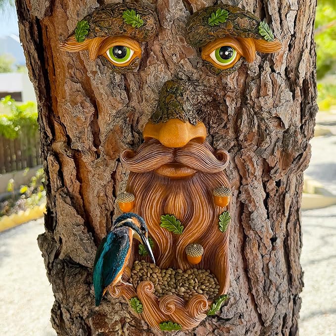 Mood Lab Tree Face Decor - Outdoor Bird Feeder with Acorns - Old Man Tree Face Garden Hugger Decoration