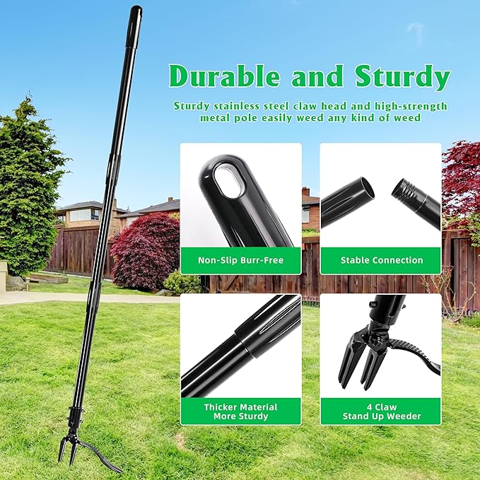 Weed Puller Tool, 50 Inch Stand Up Heavy Duty Weed Puller Tool, Gardening Hand Weeding Tool, 4 Claw Steel Head with Long Metal Handle Weed Remove Tool for Yard and Garden ﻿
