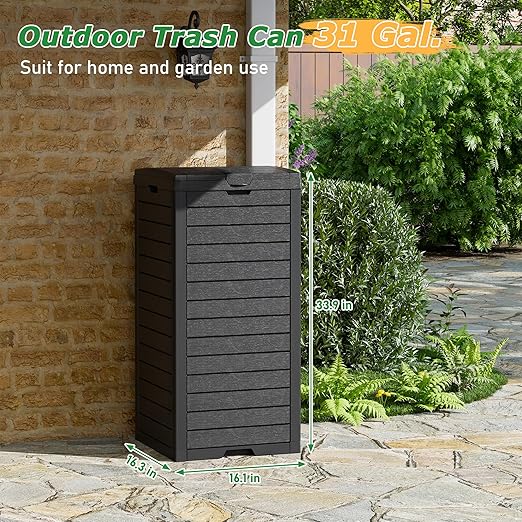 31 Gallon Outdoor Trash Can, Waterproof Resin Garbage Can with Lid and Drip Tray Easy Cleaning Kitchen Waste Bin Patio Waste Bin for Garden, Backyard, Deck and Office, Black