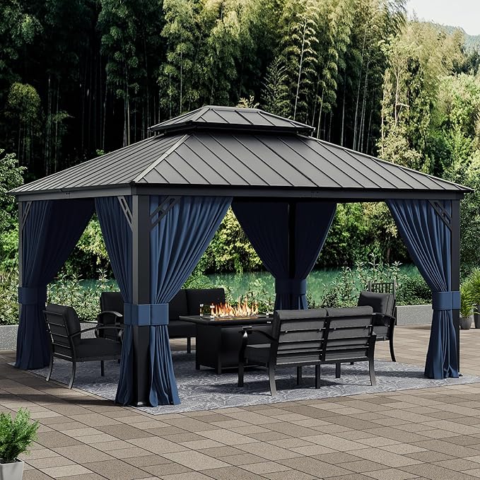 12x14ft Hardtop Gazebo Double Roof, Outdoor Pavilion with 2-Layer Hard top Galvanized Iron Frame Garden Tent, Suitable for courtyards, backyards, Decks, and Grass