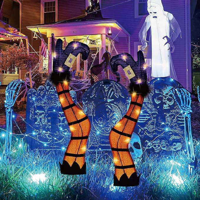 30" Halloween Lighted Witch Legs with Stakes, Light Up Witch Feet with Timer & 8 Lighting Modes, Battery Operated Witch Decor for Outdoor Yard Garden Lawns Pathway Decor (24" Leg+6" Stake)