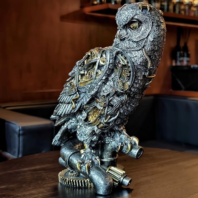 Steampunk Owl Statue 11.6'' H Metallic Silver and Gold Gothic Collectible Animal Figurine Wisdom Gift Owl Sculpture for Home Office Decoration Living Room Tabletop Mantel