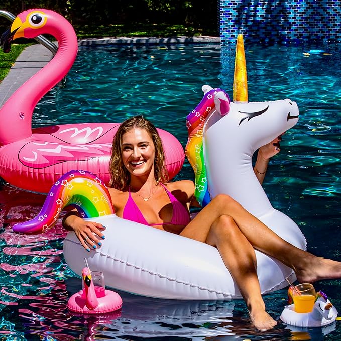JAMBO Unicorn and Flamingo Pool Floats- 2 Pack with 2 Drink Holder Floats, Large Flamingo and Unicorn Tube Float, Adult & Teens, Inflatable Tanning Pool Toys, Tanning Pool Float, Tanning Float