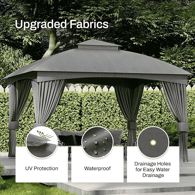 Heavy Duty Gazebo, 11 x 13 Ft Outdoor Patio Pavilion with Galvanized Steel Metal Frame and Double Roof, Curtain and Netting Included, for Outside, Garden, Yard & Lawn