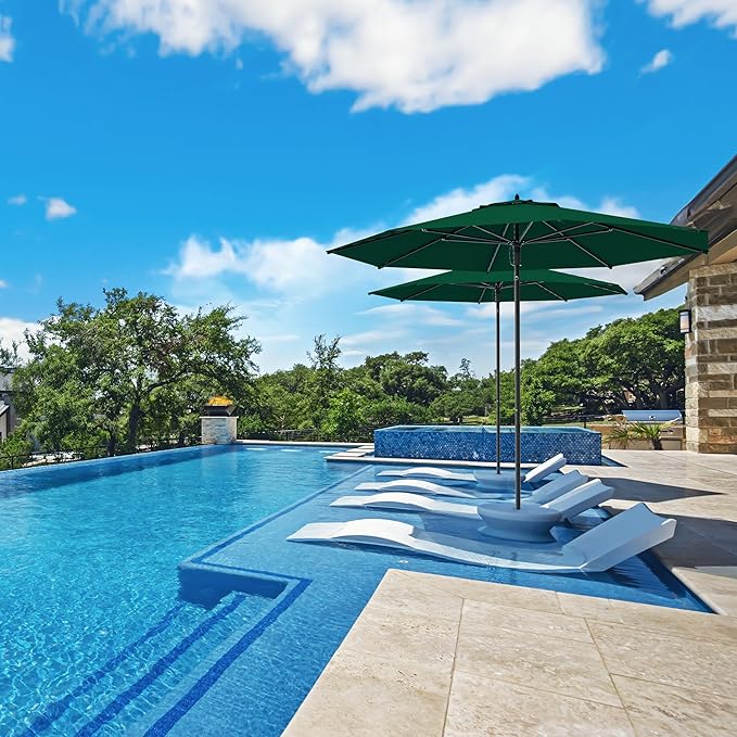 Midtown Umbrellas The Wooden 9 Feet Patio Umbrella With Sunbrella Forest Green Acrylic Fabric - Aluminum Frame Market Umbrella For Backyard, Deck, Garden, Pool - Wooden Pole