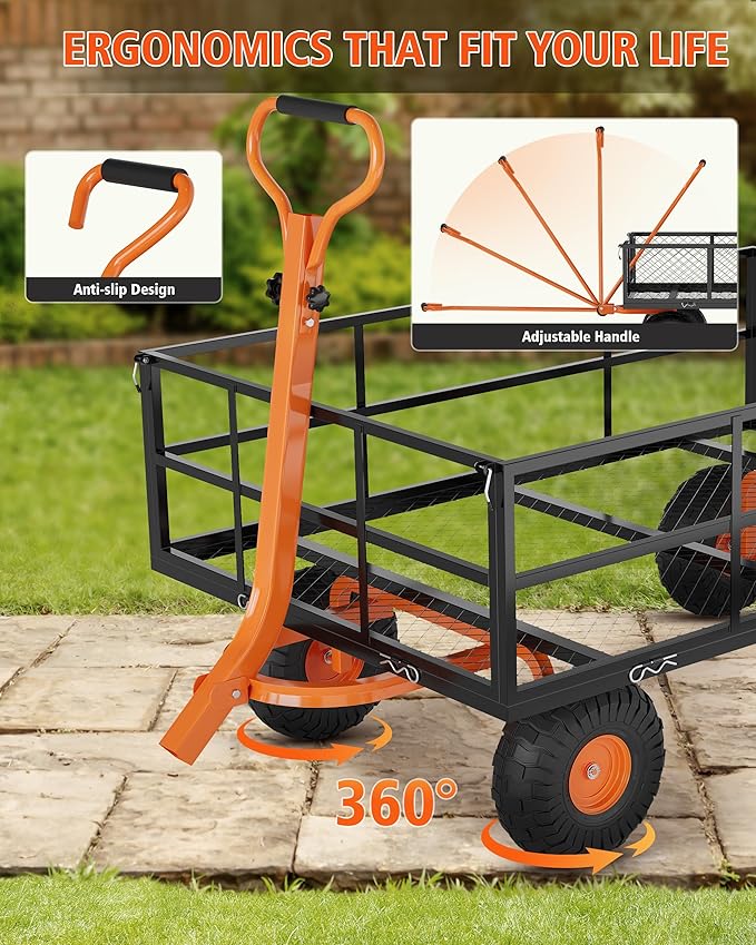 Versatile Garden Cart for Lawn and Yard with Heavy Duty Steel, 1200 Lbs Capacity Mesh Steel Garden Cart Folding Utility Wagon with Removable Side Panels, Long Handle, 10" Tires - Black and Orange