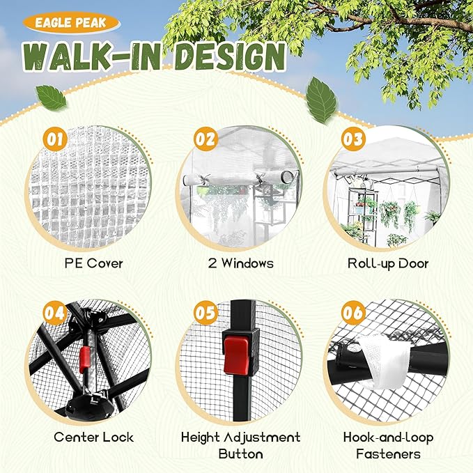 Devoko Walk-in Greenhouse, Portable Pop-in Green House with Zippered Door and 2 Roll-up Windows and PE Cover, Portable and Easy Assemble (White, 8x6 Feet)