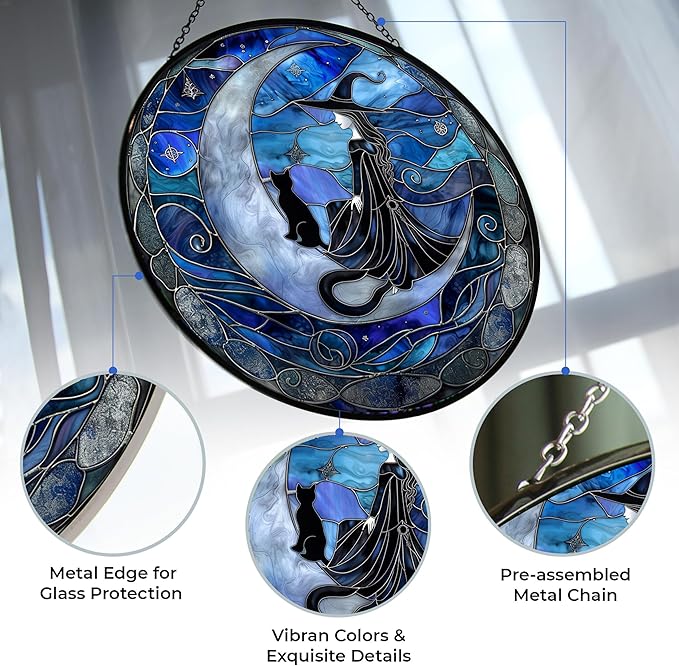 Spooky Witch Stained Glass Window Hanging Window Suncatcher 12" Glass Panel with Metal Chain and Hooks Sun Catchers Indoor Wall Art Home Decor Gift for Women Mother's Day