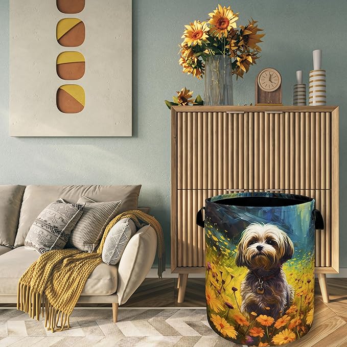 Watercolor Yorkie Laundry Basket Foldable With Handles Cute Dog Flowers Tote Bag Oxford Cloth Animal Dogs Laundry Hamper Clothes Toy Storage Bucket For Bathroom/Laundry/Bedroom 18.9"x16.5 "