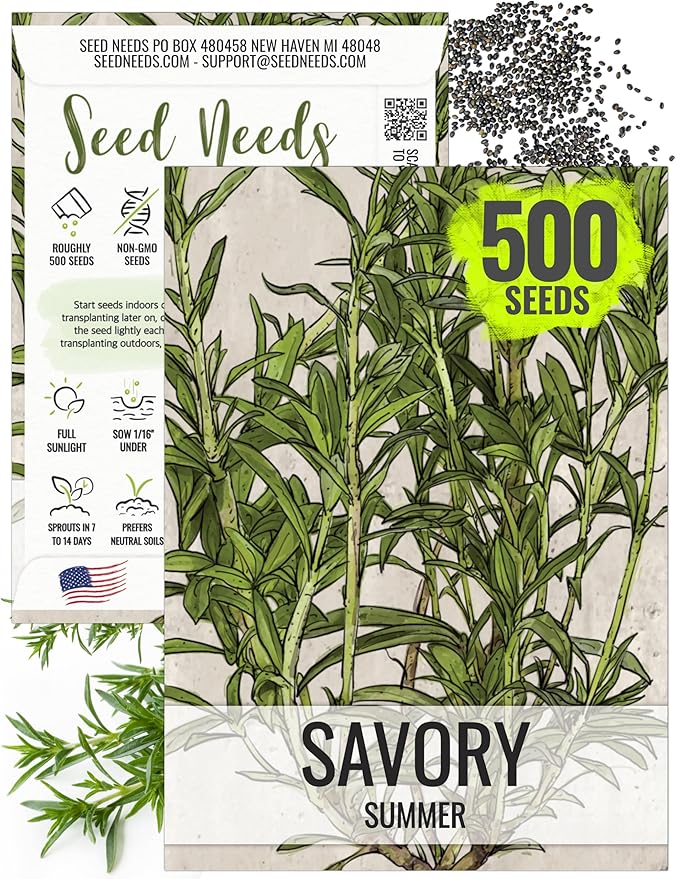 Seed Needs Summer Savory Seeds for Planting - Non-GMO, Heirloom & Untreated Annual Herbs - Organically Grow a Culinary Kitchen Garden Indoors or Outdoors (1 Pack)