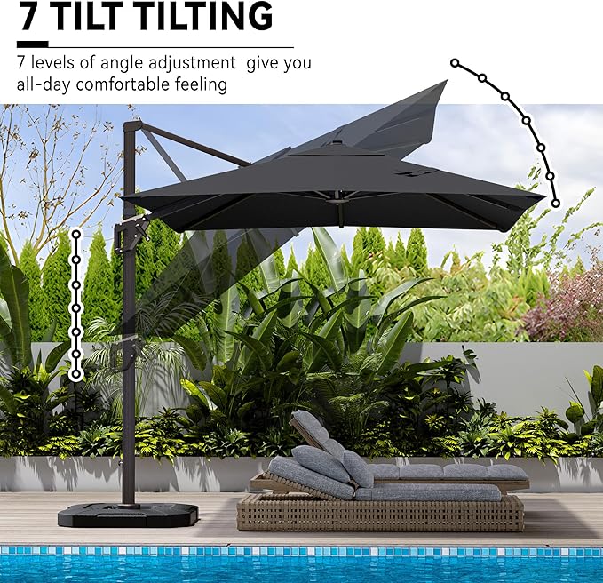 9' X 12' Cantilever Patio Umbrella with Base Included 360°Rotation Rectangular Outdoor Large Offset Umbrellas Heavy Duty Windproof for Garden Deck Pool, Grey