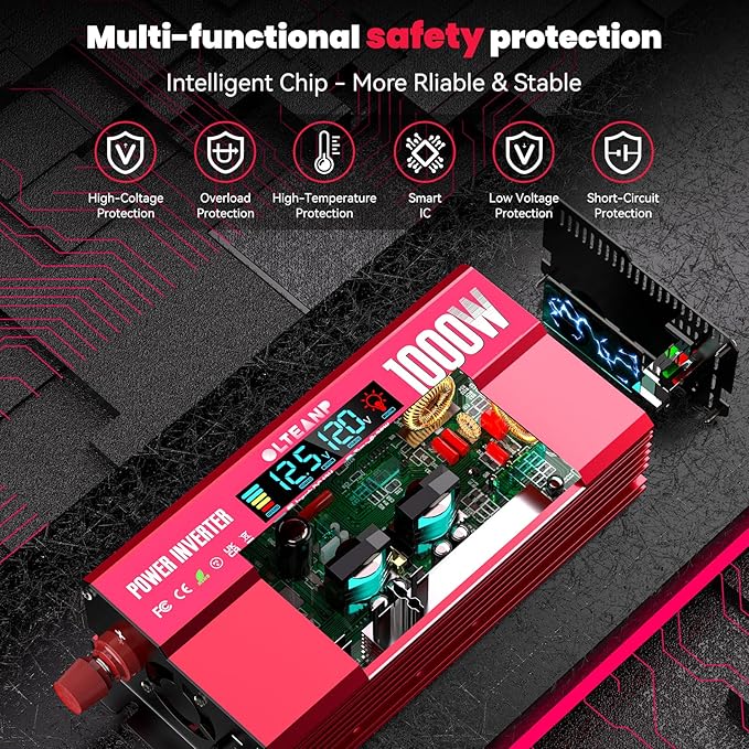 1000W Power Inverter with LCD Screen Display, 2 AC Outlets, 36W Type-C Port, 5V/3A USB Port, 12V DC to 110V/120V AC Inverter for Truck, Home, Vehicles, Laptop, Trip