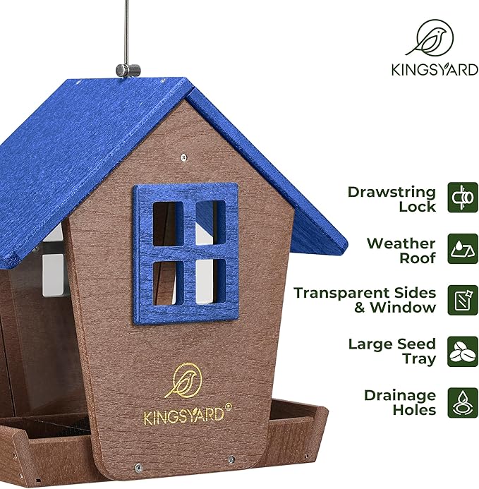 Kingsyard Large Bird Feeder House for Outdoors Hanging, Recycled Plastic Cardinal Bird Feeder with Weatherproof Roof & Seed Tray for Finch Bluebird, Large Capacity 4 lbs, Garden Yard Outside Decor
