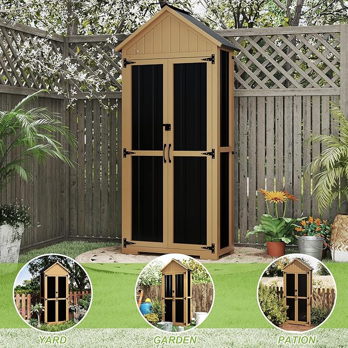 Outdoor Storage Cabinet with Shelf, Wood & Metal Storage Shed with Lockable Doors & Sloping Roof, Outdoor Cabinets for Patio Backyard, Garden Shed Tool Shed and Accessories, Brown