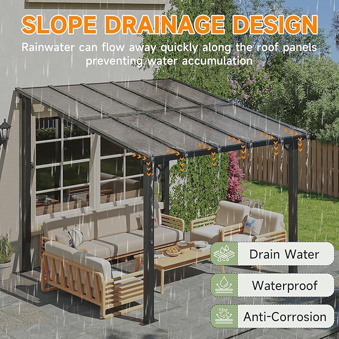 10x10FT Lean to Gazebo, Hardtop Metal Pergola with Polycarbonate Roof, Large Wall Mounted Heavy Duty Awnings, Patio Canopy for Backyard, Deck, Porch