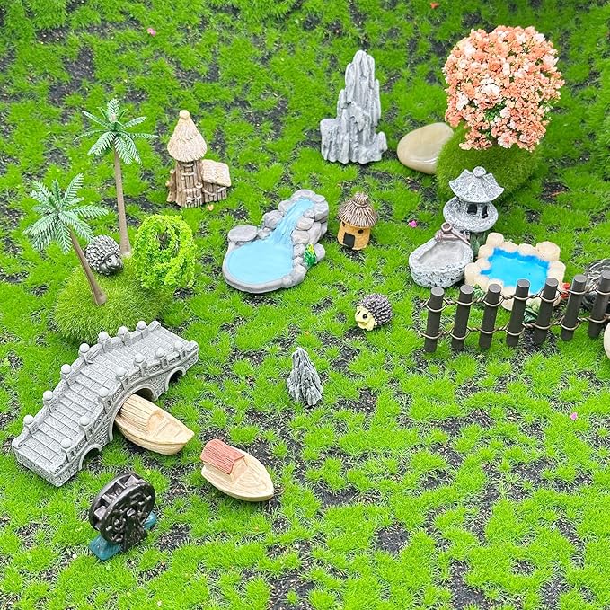 Woohome 42 PCS Mini Garden Accessories Fairy Garden Kit Micro Landscape Mini Zen Garden Accessories for Diorama Project DIY, Mini House Decor