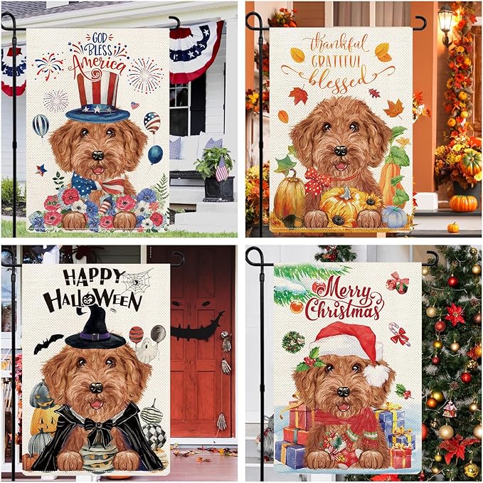 Golden Doodle Garden Flags for Outside Set of 12, Dog Welcome Seasonal Garden Flags 12x18 Double Sided for All Seasons and Holidays, Spring Yard Lawn Flag for Outdoor Decor, Goldendoodle Gifts