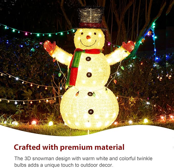 Glitzhome 47.25" H Lighted Christmas Snowman, 3D Foldable Fabric Outdoor Decor with Colorful Bulbs Holiday Lawn Ornament Yard Decoration Outdoor and Indoor use Long-Lasting, 160 Warm White LED