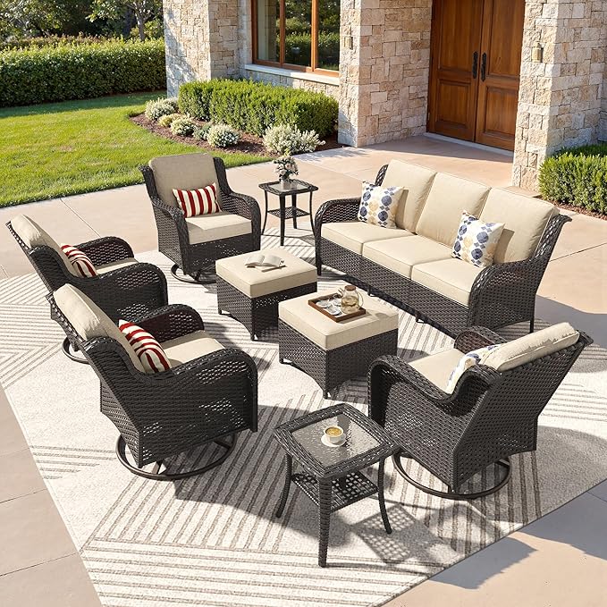 ovios 9 Pieces Patio Furniture Set, Outdoor Wicker Sofa Couch with Swivel Chairs Ottomans Comfy Cushions, High Back All Weather Modern Conversation Sets, Brown Rattan, Beige